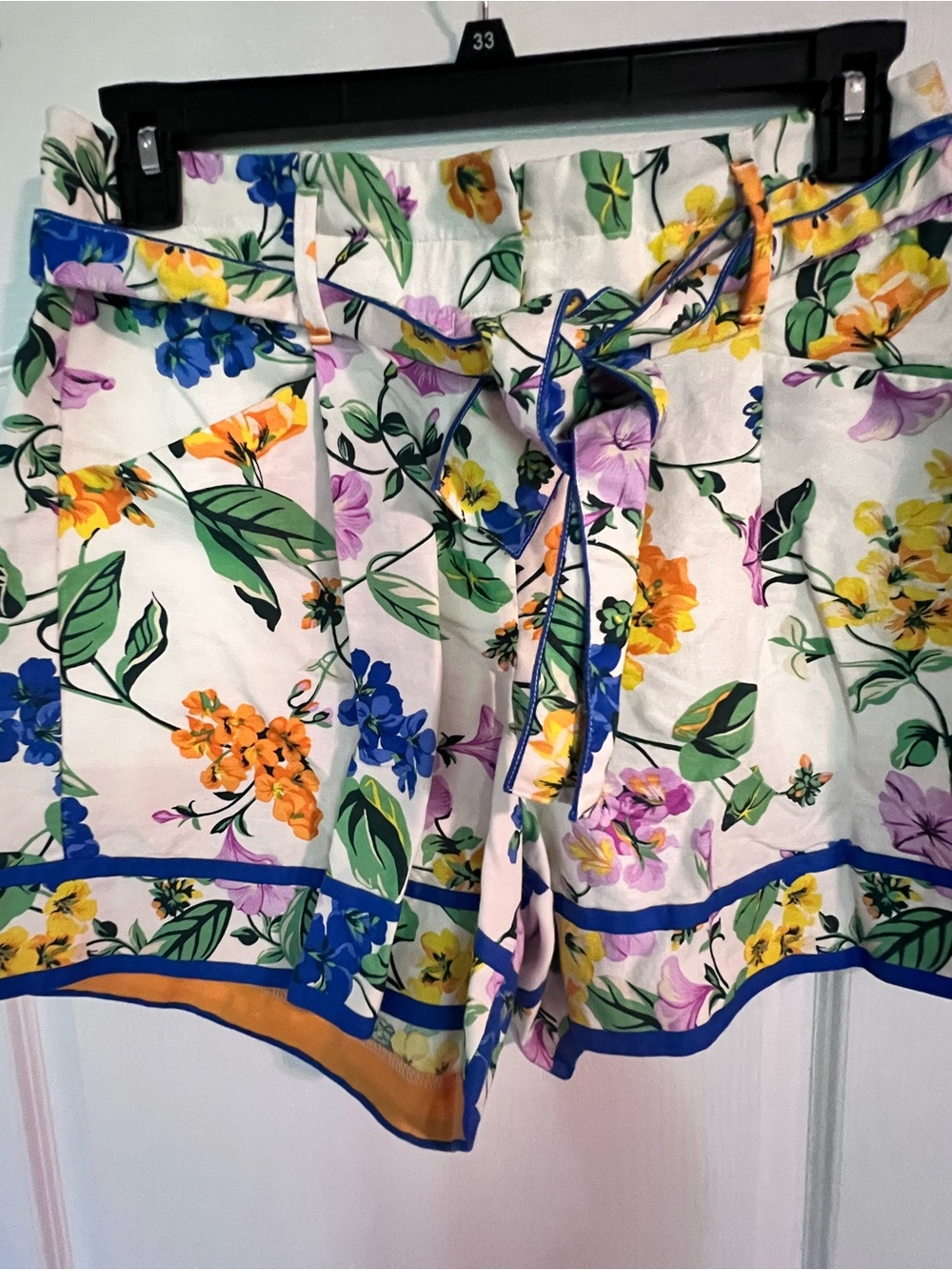 Ann Taylor White Floral Tie-Waist Shorts with Blue, Yellow and Green Accents